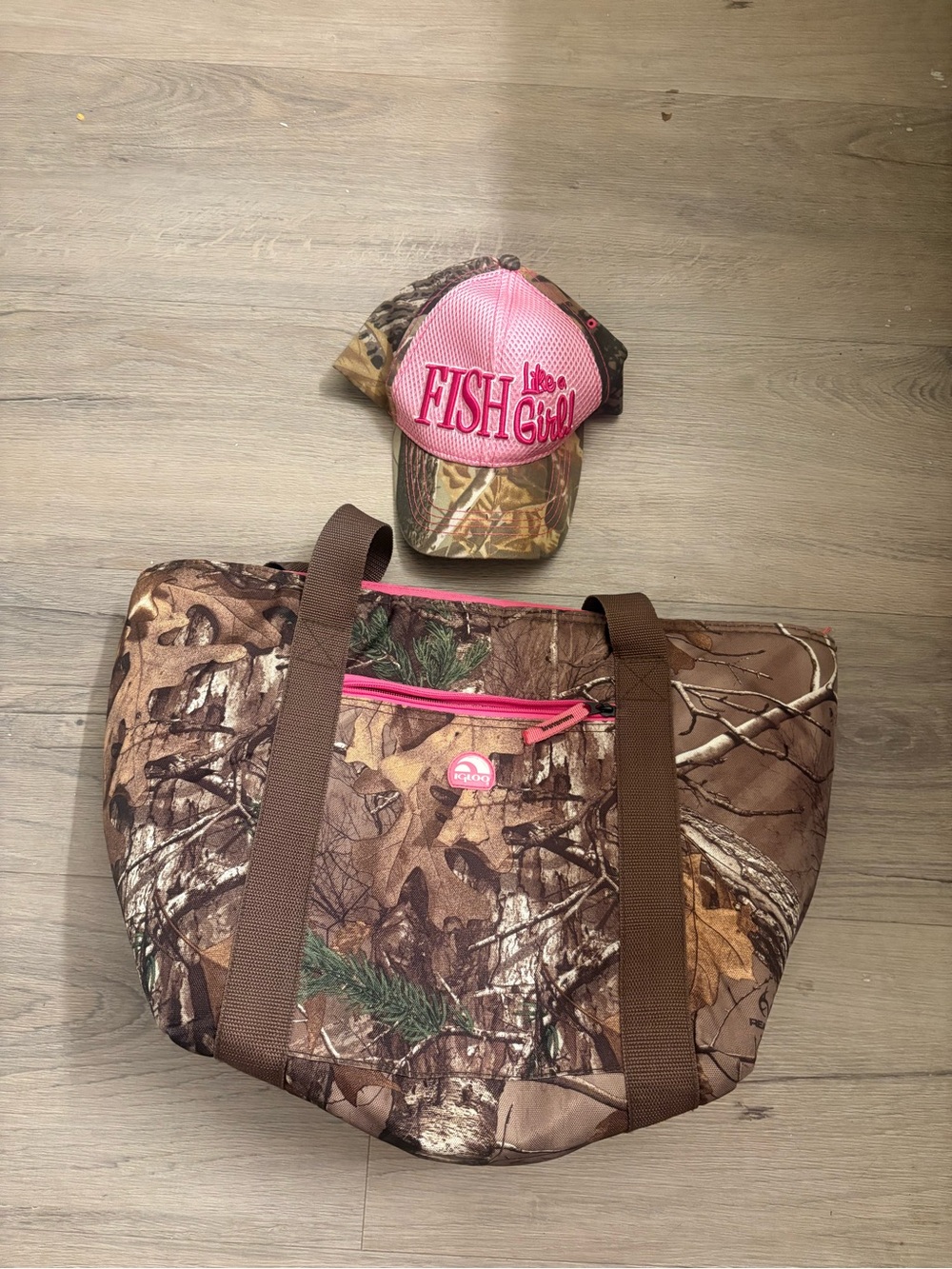 Pink 'Fish Girl' Camo Trucker Hat + Camo Tote Set